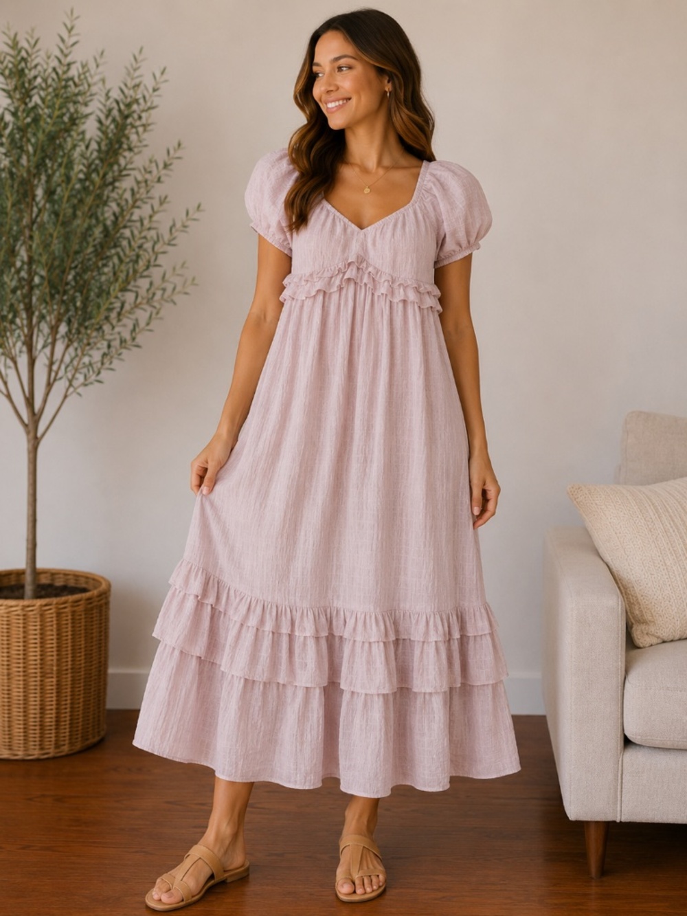 &merci Women’s Light Pink/Purple Ruffle Maxi Dress, size Large